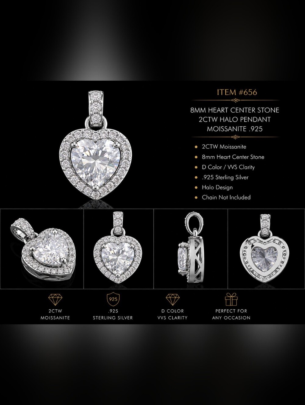 2CTW Heart Moissanite Halo Pendant 925 Sterling Silver Certified